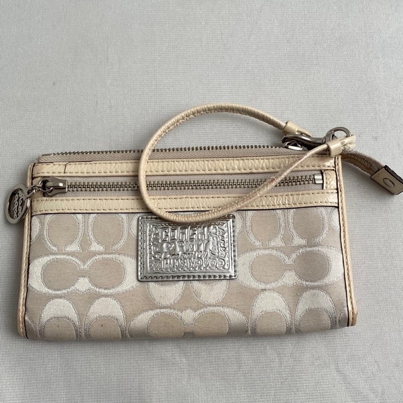 Coach Handbags - Coach Signature C logo cream patent and canvas wristlet
